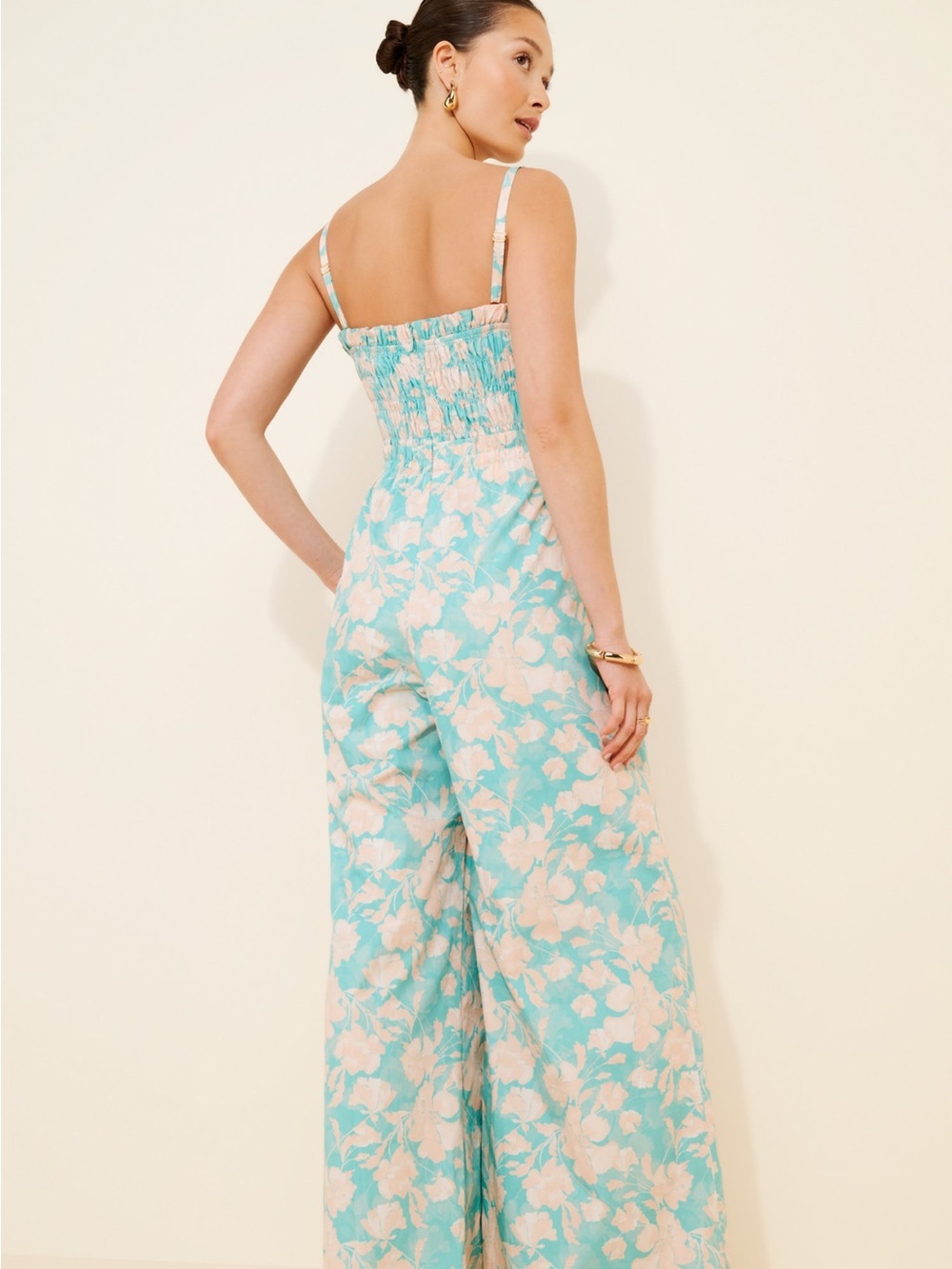 Anthropologie Hutch Smocked Blue Floral Wide Leg Jumpsuit Medium Cotton Pockets - Picture 3 of 7